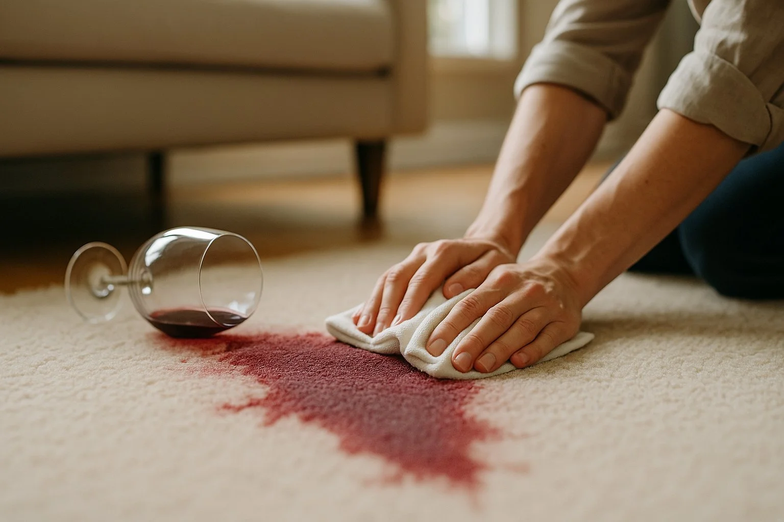 Spilled glass of red wine on a cream carpet, with a white cloth pressed onto the edge of the stain to blot it